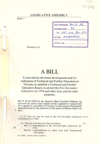 Booklet, Victorian Legislative Assembly, A Bill to provide for the better development and Co-ordination of Technical and Further Information, 1983 (exact)
