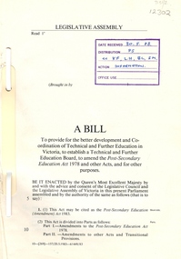 Booklet, Victorian Legislative Assembly, A Bill to provide for the better development and coordination of Technical and Further Education in Victoria, 1983 (exact)