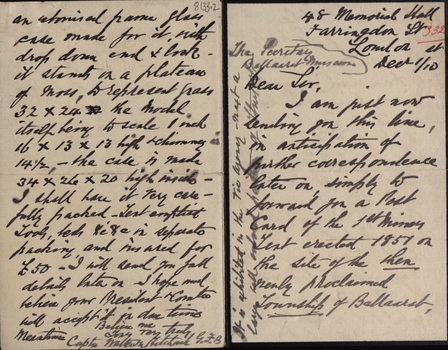 Letters from Walter M. Hitchcock concerning a model of a Ballarat tent (and more), 1911