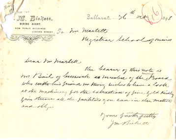 document, letter from James Bickett to Ballarat School of Mines, 26/10/1898