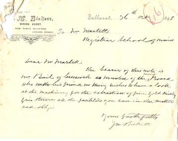 document, Letter from James Bickett to Ballarat School of Mines, 26/10/1898