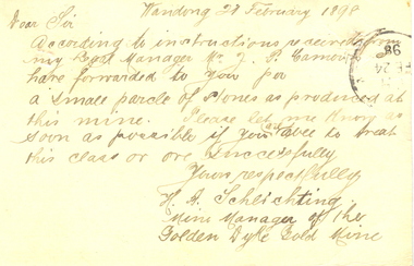 card, A postcard from H.A Scheichting to Frederick Martell of the Ballarat School of Mines