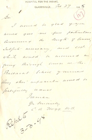 Correspondence, C.A. Hogg, Letter on Gladesville Hospital for the Insane Letterhead, 1898, 27/02/1898