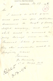Correspondence, C.A. Hogg, Letter on Gladesville Hospital for the Insane Letterhead, 1898, 27/02/1898