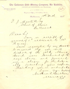 Document, Letter from Arthur Ballieu to Ballarat School of Mines, 10 March 1898