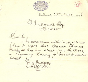Document, Ballarat School of Mines letter concerning Thomas Philipson, 23 March 1898