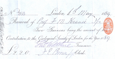 Document, Geological Society of London Subscription Receipt, 06/05/1889