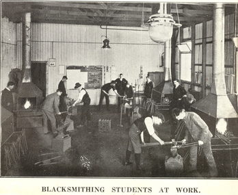 Image (printed photograph), Ballarat School of Mines Blacksmithing Students at Work, c1900
