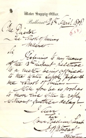 Document - correspondence, Ballarat Water Supply Office to Ballarat School of Mines, 25/08/1898