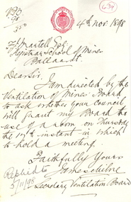 Document - correspondence, Victorian Department of Mines & Water Supply to Ballarat School of Mines