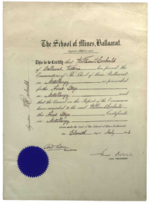 Certificate, Ballarat School of Mines, William Corbould's Ballarat School of Mines Metallurgy Certificate, 11/07/1883