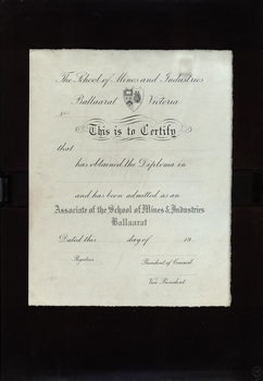 Ballarat School of Mines Diploma certificate (blank)