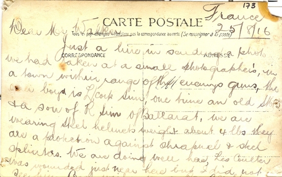 Hand written text on reverse of postcard