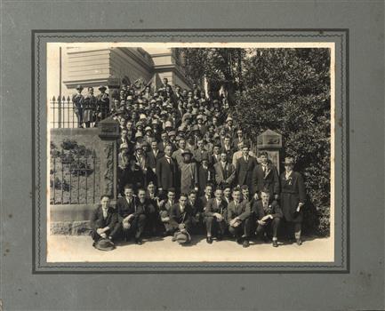 A group of people on stairs outside Ballarat East Town Hall