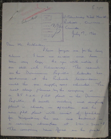 Correspondence, John Clelland to Harry Arblaster (Principal Ballarat School of Mines), 07/07/1960