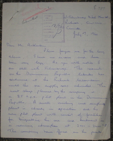 Correspondence, John Clelland to Harry Arblaster (Principal Ballarat School of Mines), 07/07/1960