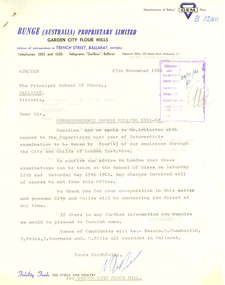 Correspondence, Bunge (Australia) Pty Ltd correspondence to the Ballarat School of Mines, 1961