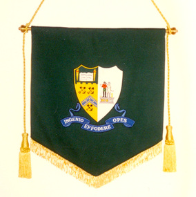 Textile banner with applique crest of the Ballarat School of Mines