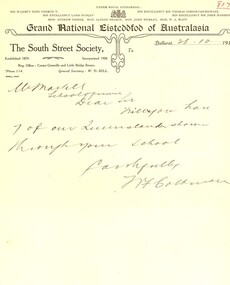 Letter, South Street Society to Ballarat School of Mines, 1911