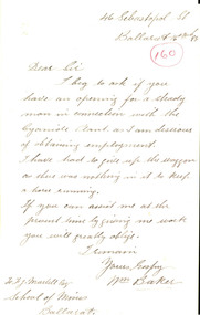 Letter, William Baker, William Baker to Ballarat School of Mines