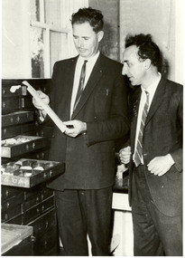 Two men looking at a geological collection