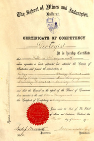 Certificate, Ballarat School of Mines Competency as a Geologist Certificate, o1/06/1911