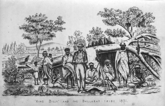 An encampment of Wadawurrung people in from of a mia mia