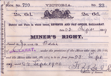 Document, Miner's Right issued to James Oddie, 1903 - 1910