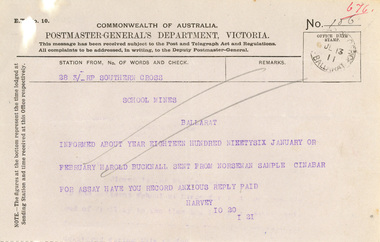Ephemera - Telegram, Postmaster-General's Department, Assay query from Norsman, 31/07/1911