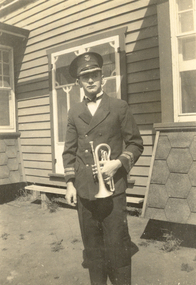 Photograph - Black and White, Frank Wright in Uniform with Cornet, circa early 1920's