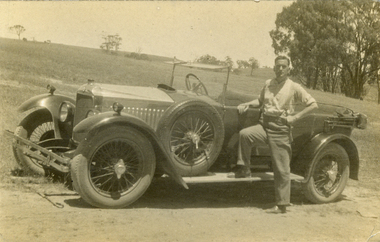 Photograph - Black and White, Frank Wright and his 14-40  Vauxhall near Ballan Mineral Springs, 1930, 6/1/1930