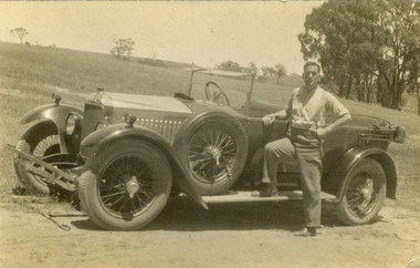 Photograph - Black and White, Frank Wright and his 14-40  Vauxhall near Ballan Mineral Springs, 1930, 6/1/1930