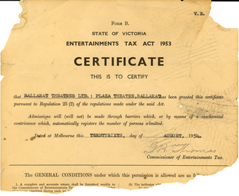 Certificate, Entertainments Tax Certificate, 26/08/1954