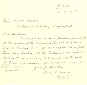 Correspondence, Rough Correspondence to Hilda Wardle from Ballarat School of Mines, 1915, 02/08/1915