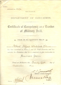Certificate, Education Department Victoria, Certificate of Competencey as a Teacher of Military Drill, 1899, 25/09/1899
