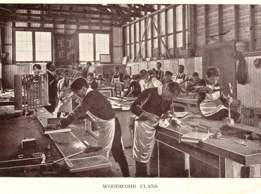 Image - black and white, Ballarat Junior Technical School Woodwork Class, c1913