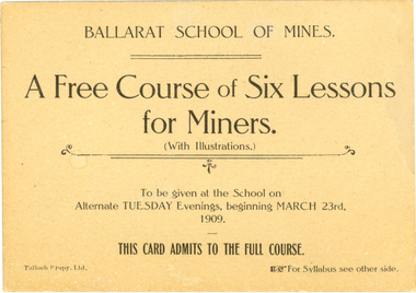 Card, Tulloch Proprietary Limited, Ballarat School of Mines, Advertisement Card, 1909