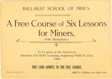 Card, Tulloch Proprietary Limited, Ballarat School of Mines, Advertisement Card, 1909, 1909