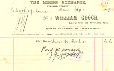 Document, Invoices to the Ballarat School of Mines, 1896-9, 1896 1899