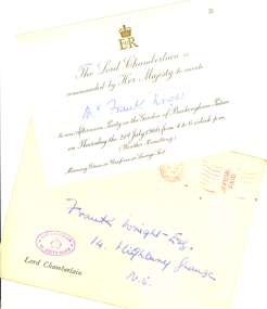 Invitation, Frank Wright's invitation to a garden party at Buckingham Palace, 1960
