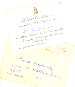 Invitation, Frank Wright's invitation to a garden party at Buckingham Palace, 1960, 1960