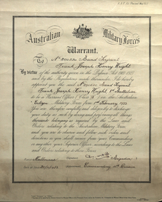 Certificate, Australian Military Forces Warrant (Frank Wright), 01/02/1933