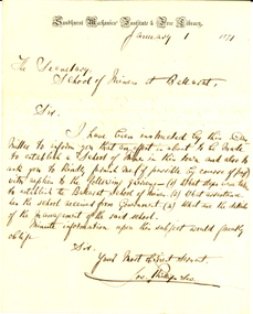 Document - letters, Documents relating to the Establishment of the Sandhurst (Bendigo) School of Mines, 1871, 1871