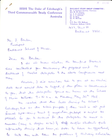 Correspondence, E.J. Barker, HRH The Duke of Edinburgh's Third Commonwealth Study Conference Australia to the Ballarat School of Mines, 1968