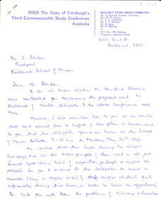 Correspondence, E.J. Barker, HRH The Duke of Edinburgh's Third Commonwealth Study Conference Australia to the Ballarat School of Mines, 1968, 1968