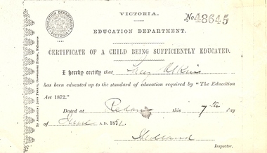 Certificate (copy), Certificate of a Child Being Sufficiently Educated, 1881