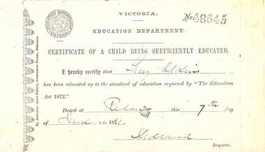 Certificate (copy), Certificate of a Child Being Sufficiently Educated, 1881, 1881