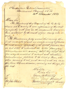 Correspondence, John Gray, Letter of Condolence from ANA to John Mateer. 1883, 14/12/1883