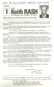 Document, Keith Rash City of Ballarat Election Flyer, 1970, 1970