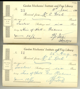 Documents, Gordon Mechanics' Institute and Free Library Receipt